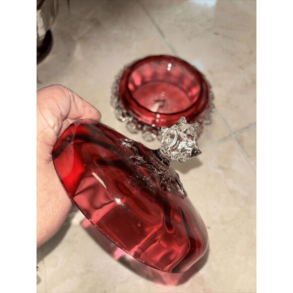 Hand Blown Vintage Cranberry Glass With Lid Glass 7” - Picture 7 of 8